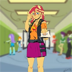 Size: 1000x1000 | Tagged: safe, artist:sozglitch, imported from derpibooru, aqua blossom, heath burns, indigo wreath, sophisticata, sunset shimmer, valhallen, equestria girls, equestria girls (movie), equestria girls series, background human, blushing, canterlot high, clothes, compression shorts, female, geode of empathy, jacket, leather jacket, miniskirt, phone number, screencap background, shorts, skirt, solo focus