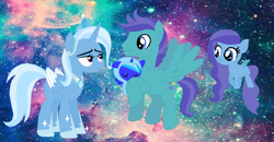 Size: 960x500 | Tagged: safe, artist:mlpdoodlesandstuff, imported from derpibooru, open skies, trixie, oc, alicorn, pegasus, pony, alicorn oc, alicornified, baby, baby pony, crack shipping, family, female, male, offspring, parent:open skies, parent:trixie, parents:canon x oc, race swap, shipping, stallion, straight, trixiecorn