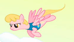 Size: 468x266 | Tagged: safe, imported from derpibooru, screencap, honey rays, pegasus, pony, winter wrap up, background pony, cropped, female, flying, mare, narrowed eyes, solo, weather team, winter wrap up vest