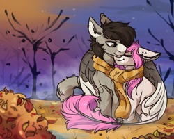 Size: 1280x1024 | Tagged: safe, artist:sweet_goat21, imported from derpibooru, oc, oc only, oc:tarot, oc:xor, classical unicorn, pony, sphinx, unicorn, autumn, clothes, cloven hooves, cold, couple, cuddling, cute, detailed background, ear piercing, female, floppy ears, fluffy, hooves, interspecies, leaves, leonine tail, long tail, male, mare, night, oc x oc, piercing, romantic, scarf, shipping, smiling, snuggling, sphinx oc, straight, taror, tree, unshorn fetlocks, wings