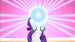 Size: 1346x755 | Tagged: safe, imported from derpibooru, screencap, rarity, pony, suited for success, eyes closed, eyeshadow, female, glowing horn, light, magic, makeup, mare, solo