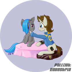 Size: 1024x1024 | Tagged: safe, artist:knightofmodernday, imported from derpibooru, oc, oc only, oc:homage, oc:littlepip, pony, unicorn, fallout equestria, blushing, clothes, cutie mark, fanfic, fanfic art, female, hooves, horn, jumpsuit, lesbian, mare, oc x oc, open mouth, pipbuck, pipmage, shipping, sitting, smiling, table, teeth, vault suit