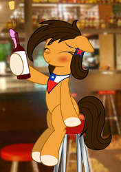 Size: 3000x4271 | Tagged: safe, artist:rainbownspeedash, imported from derpibooru, oc, oc only, oc:chilenia, pony, alcohol, blushing, chile, drunk, nation ponies, ponified, sitting, solo, wine, wine bottle