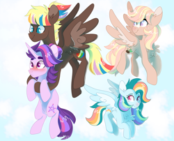 Size: 1600x1294 | Tagged: safe, artist:leviostars, imported from derpibooru, oc, oc:flidaisa, oc:prima blitzer, oc:twilight tracker, oc:zap apple jam, pegasus, pony, unicorn, adopted offspring, blushing, carrying, female, flying, magical lesbian spawn, male, mare, next generation, offspring, parent:apple bloom, parent:carrot crunch, parent:fluttershy, parent:quarter hearts, parent:rainbow dash, parent:starlight glimmer, parent:tempest shadow, parent:vapor trail, parents:crunchbloom, parents:flutterhearts, parents:tempestglimmer, parents:vapordash, stallion