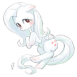 Size: 1033x1028 | Tagged: safe, artist:yanamosuda, imported from derpibooru, fluttershy, pegasus, pony, albino, alternate color palette, cute, female, mare, signature, sketch, solo, white background