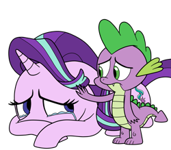 Size: 1737x1521 | Tagged: safe, artist:eagc7, imported from derpibooru, spike, starlight glimmer, dragon, pony, unicorn, comforting, crying, female, male, mare, sad, simple background, teary eyes, transparent background