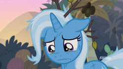 Size: 1920x1080 | Tagged: safe, imported from derpibooru, screencap, trixie, pony, unicorn, road to friendship, coconut tree, crying, cute, diatrixes, discovery family logo, female, floppy ears, injured, mare, messy mane, palm tree, sad, sadorable, solo, somnambula (location), stick, sticks, tree