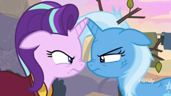 Size: 1920x1080 | Tagged: safe, imported from derpibooru, screencap, starlight glimmer, trixie, pony, unicorn, road to friendship, angry, clothes, discovery family logo, duo, ears back, eye contact, female, floppy ears, looking at each other, mare, messy mane, narrowed eyes, nose to nose, nose wrinkle, robe, stare, stare down, stick