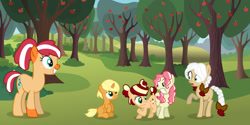 Size: 1024x512 | Tagged: safe, artist:pugasart, imported from derpibooru, oc, oc only, oc:butterscotch, oc:cinnamon blonde, oc:lollipop mane, oc:oven apple, oc:susan jam, apple tree, base used, next generation, offspring, parent:applejack, parent:flim, parents:flimjack, siblings, sweet apple acres, tree