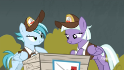 Size: 1920x1080 | Tagged: safe, imported from derpibooru, screencap, appointed rounds, rainy day, pegasus, pony, road to friendship, clothes, crate, discovery family logo, duo, duo female, female, hat, lidded eyes, mailmare, mailmare hat, mare, out of context, shirt, uniform