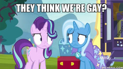 Size: 600x337 | Tagged: safe, edit, edited screencap, imported from derpibooru, screencap, starlight glimmer, trixie, pony, unicorn, road to friendship, cape, clothes, discovery family logo, female, image macro, implied lesbian, implied shipping, implied startrix, lesbian, looking at each other, mare, meme, memeful.com, trixie's cape