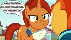 Size: 1280x720 | Tagged: safe, edit, edited screencap, imported from derpibooru, screencap, stellar flare, sunburst, season 8, the parent map, angry, caps lock, nagging, raised hoof, sire's hollow, speech bubble, text, that pony sure does want grandfoals, yelling