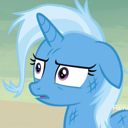 Size: 1079x1078 | Tagged: safe, imported from derpibooru, screencap, trixie, pony, unicorn, road to friendship, cropped, female, floppy ears, injured, mare, messy mane, reaction image, shocked, solo, stare, thousand yard stare, wat