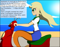 Size: 3683x2875 | Tagged: safe, artist:physicrodrigo, edit, editor:rmzero, imported from derpibooru, part of a set, applejack, mermaid, series:equestria mermaids, equestria girls, beach, bench, boots, clothes, cloud, coast, curse, cursed, day, dialogue, dress, funetik aksent, implied fluttershy, implied scootaloo, implied sunset shimmer, mermaidized, ocean, part of a series, sand, scooter, shoes, solo, species swap, text, transformation, tree