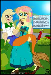 Size: 2116x3143 | Tagged: safe, artist:physicrodrigo, edit, editor:rmzero, imported from derpibooru, part of a set, applejack, fluttershy, mermaid, series:equestria mermaids, equestria girls, bench, clothes, cloud, coast, curse, cursed, day, dialogue, dress, mermaidized, ocean, part of a series, sand, scooter, shoes, species swap, text, transformation, watermark