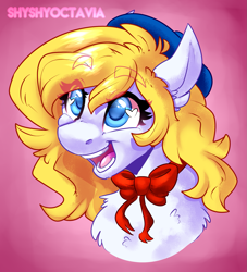 Size: 1729x1905 | Tagged: safe, artist:shyshyoctavia, imported from derpibooru, oc, oc only, oc:treble spirit, earth pony, pony, abstract background, blonde, blonde hair, blue eyes, bow, bust, chest fluff, ear fluff, eye clipping through hair, female, happy, hat, heart eyes, mare, open mouth, redraw, solo, wingding eyes, yellow hair, yellow mane, yellow tail