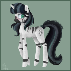 Size: 1500x1500 | Tagged: safe, artist:wavydream, imported from derpibooru, oc, oc only, pony, zebra, zebracorn, blushing, commission, digital art, female, green background, mare, signature, simple background, solo, ych result, zebra oc