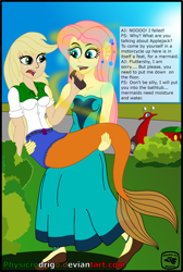 Size: 2116x3143 | Tagged: safe, artist:physicrodrigo, edit, editor:rmzero, imported from derpibooru, part of a set, applejack, fluttershy, mermaid, series:equestria mermaids, equestria girls, bench, clothes, cloud, coast, curse, cursed, day, dialogue, dress, mermaidized, ocean, part of a series, sand, scooter, shoes, species swap, text, transformation, watermark