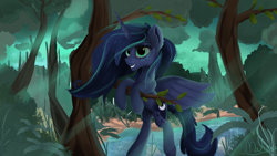 Size: 1920x1080 | Tagged: safe, artist:mahexa, imported from derpibooru, princess luna, alicorn, pony, crepuscular rays, female, forest, mare, pond, scenery, signature, smiling, solo, tree