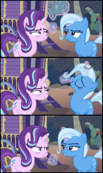 Size: 578x967 | Tagged: safe, edited screencap, imported from derpibooru, screencap, starlight glimmer, trixie, pony, unicorn, road to friendship, angry, boomerang (tv channel), comic, cup, drinking, duo, female, glass, juice, mare, passive aggressive, pitcher, screencap comic, smiling, smirk, starlight glimmer is not amused, starlight is not amused, tired, unamused