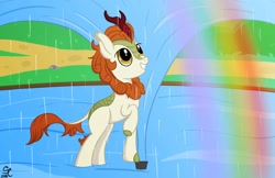 Size: 1348x872 | Tagged: safe, artist:smartcookiepone, imported from derpibooru, autumn blaze, kirin, sounds of silence, a kirin tale, female, rainbow, reprise, scene interpretation, smiling, solo, sprinkler, water