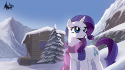 Size: 1280x720 | Tagged: safe, artist:mizu wolf, imported from derpibooru, rarity, pony, unicorn, cabin, clothes, female, mare, mountain, scarf, snow, solo, tree