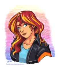 Size: 720x885 | Tagged: safe, artist:texasuberalles, imported from derpibooru, sunset shimmer, human, equestria girls, bust, clothes, female, humanized, jacket, marker drawing, portrait, solo, traditional art