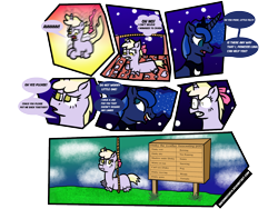 Size: 1600x1200 | Tagged: safe, artist:sneshneeorfa, imported from derpibooru, dinky hooves, princess luna, alicorn, pony, unicorn, amputee, broken leg, comic, dark comedy, dream, dream logic, dream walker luna, female, missing limb, modular, quadruple amputee, ribbon, rope, shards, sign, simple background, stump, transparent background, trolluna, weather forecast