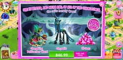 Size: 2960x1440 | Tagged: safe, imported from derpibooru, bon bon, queen chrysalis, sweetie drops, changeling, changeling queen, advertisement, changeling armor, costs real money, crack is cheaper, female, gameloft, gem, greedloft, official