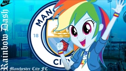 Size: 1273x719 | Tagged: safe, imported from derpibooru, rainbow dash, equestria girls, equestria girls series, bracelet, etihad stadium, geode of super speed, jewelry, looking at you, magical geodes, manchester city, open mouth, wristband