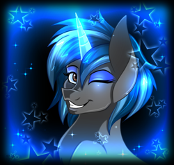 Size: 700x666 | Tagged: safe, artist:derpsonhooves, imported from derpibooru, part of a set, oc, oc only, oc:homage, pony, unicorn, fallout equestria, abstract background, bust, chest fluff, fanfic, fanfic art, female, glowing horn, horn, mare, one eye closed, portrait, smiling, solo, teeth, wink