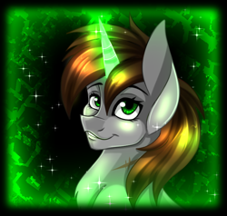 Size: 700x666 | Tagged: safe, artist:derpsonhooves, imported from derpibooru, part of a set, oc, oc only, oc:littlepip, pony, unicorn, fallout equestria, abstract background, bust, chest fluff, fanfic, fanfic art, female, glowing horn, horn, mare, portrait, scar, solo, teeth