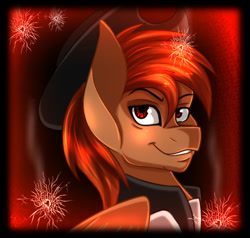 Size: 700x666 | Tagged: safe, alternate version, artist:derpsonhooves, imported from derpibooru, part of a set, oc, oc only, oc:calamity, pegasus, pony, fallout equestria, abstract background, bust, clothes, dashite, fanfic, fanfic art, hat, male, portrait, smiling, solo, stallion, teeth, wings