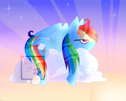 Size: 1024x819 | Tagged: safe, artist:squishysquidysquid, imported from derpibooru, rainbow dash, pony, cloud, female, lying down, on a cloud, profile, prone, sky, solo, sun, tired, watermark