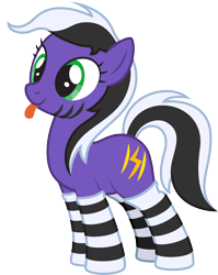 Size: 2204x2763 | Tagged: safe, artist:lightning stripe, derpibooru exclusive, imported from derpibooru, oc, oc only, oc:lightning stripe, earth pony, pony, :p, black and white mane, clothes, cross-eyed, female, green eyes, mare, purple, show accurate, silly, simple background, socks, solo, striped socks, stripes, tongue out, transparent background