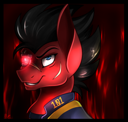 Size: 700x666 | Tagged: safe, artist:derpsonhooves, imported from derpibooru, part of a set, oc, oc only, oc:red eye, cyborg, earth pony, pony, fallout equestria, abstract background, bust, clothes, cyber eyes, fanfic, fanfic art, jumpsuit, male, portrait, red and black oc, scar, smiling, solo, stallion, teeth, vault suit