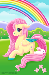 Size: 1650x2550 | Tagged: safe, artist:fannytastical, imported from derpibooru, fluttershy, pegasus, pony, rabbit, cloud, colored hooves, colored wings, colored wingtips, female, flower, lisa frank, rainbow, sky, smiling, solo