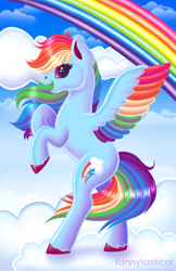 Size: 1650x2550 | Tagged: safe, artist:fannytastical, imported from derpibooru, rainbow dash, pegasus, pony, cloud, colored wings, female, lisa frank, looking at you, multicolored wings, rainbow, rainbow wings, rearing, smiling, solo, spread wings, unshorn fetlocks, wings