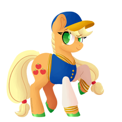 Size: 1500x1500 | Tagged: safe, alternate version, artist:fannytastical, imported from derpibooru, part of a set, applejack, pony, clothes, cute, female, hat, jacket, raised hoof, simple background, solo, sticker, sweater, transparent background, varsity jacket