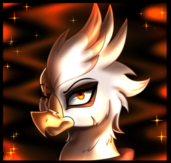 Size: 700x666 | Tagged: safe, artist:derpsonhooves, imported from derpibooru, part of a set, oc, oc only, oc:gawdyna grimfeathers, griffon, fallout equestria, abstract background, bust, fanfic, fanfic art, female, portrait, scar, solo