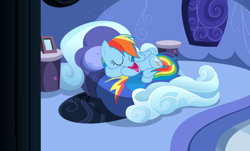 Size: 708x427 | Tagged: safe, artist:mlpvideos, imported from derpibooru, rainbow dash, pony, bed, chewing, cute, dashabetes, eating, female, mouth hold, rainbow dash's bedroom, rainbow dash's house, requested art, sleeping, solo, vector