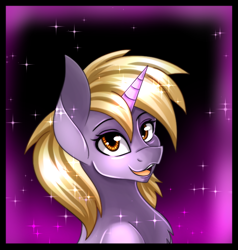 Size: 666x700 | Tagged: safe, artist:derpsonhooves, imported from derpibooru, part of a set, oc, oc only, oc:silver bell, pony, unicorn, fallout equestria, abstract background, bust, chest fluff, fanfic, fanfic art, female, filly, foal, glowing horn, horn, open mouth, portrait, solo, teeth