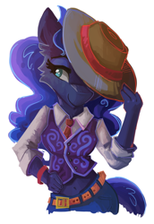 Size: 900x1310 | Tagged: safe, artist:saxopi, imported from derpibooru, princess luna, alicorn, anthro, belly button, belt, cowboy hat, female, hat, midriff, solo