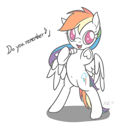 Size: 1412x1476 | Tagged: safe, artist:camo-pony, imported from derpibooru, rainbow dash, pegasus, pony, bipedal, dialogue, doodle, earth wind & fire, female, hoof hold, mare, microphone, no pupils, september, september (song), signature, simple background, solo, song reference, white background