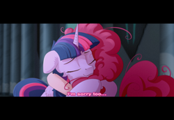 Size: 3504x2412 | Tagged: safe, artist:batonya12561, imported from derpibooru, pinkie pie, twilight sparkle, alicorn, earth pony, pony, my little pony: the movie, canterlot, hug, letterboxing, scene interpretation, subtitles, teary eyes, twilight sparkle (alicorn), widescreen