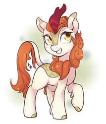 Size: 1200x1400 | Tagged: safe, artist:haden-2375, imported from derpibooru, autumn blaze, kirin, sounds of silence, abstract background, female, raised hoof, simple background, smiling, solo, white background