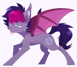 Size: 2058x1776 | Tagged: safe, artist:sableyejustice, imported from derpibooru, oc, oc only, oc:retro wave, bat pony, pony, :p, bat pony oc, bat wings, bleh, chest fluff, cute, ear piercing, fluffy, male, piercing, silly, simple background, solo, standing, tongue out, ych result