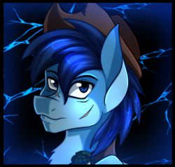 Size: 700x666 | Tagged: safe, artist:derpsonhooves, imported from derpibooru, part of a set, oc, oc only, oc:p-21, earth pony, pony, fallout equestria, fallout equestria: project horizons, abstract background, bust, clothes, fanfic, fanfic art, hat, male, portrait, scar, solo, stallion