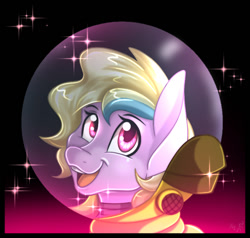 Size: 700x666 | Tagged: safe, artist:derpsonhooves, imported from derpibooru, part of a set, oc, oc only, oc:puppysmiles, earth pony, pony, fallout equestria, fallout equestria: pink eyes, abstract background, bust, chest fluff, fanfic, fanfic art, female, filly, foal, hazmat suit, open mouth, portrait, scar, solo, teeth