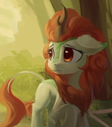 Size: 678x767 | Tagged: safe, artist:draconidsmxz, imported from derpibooru, autumn blaze, kirin, sounds of silence, female, forest, looking back, mare, plant, sad, solo, tree, wip